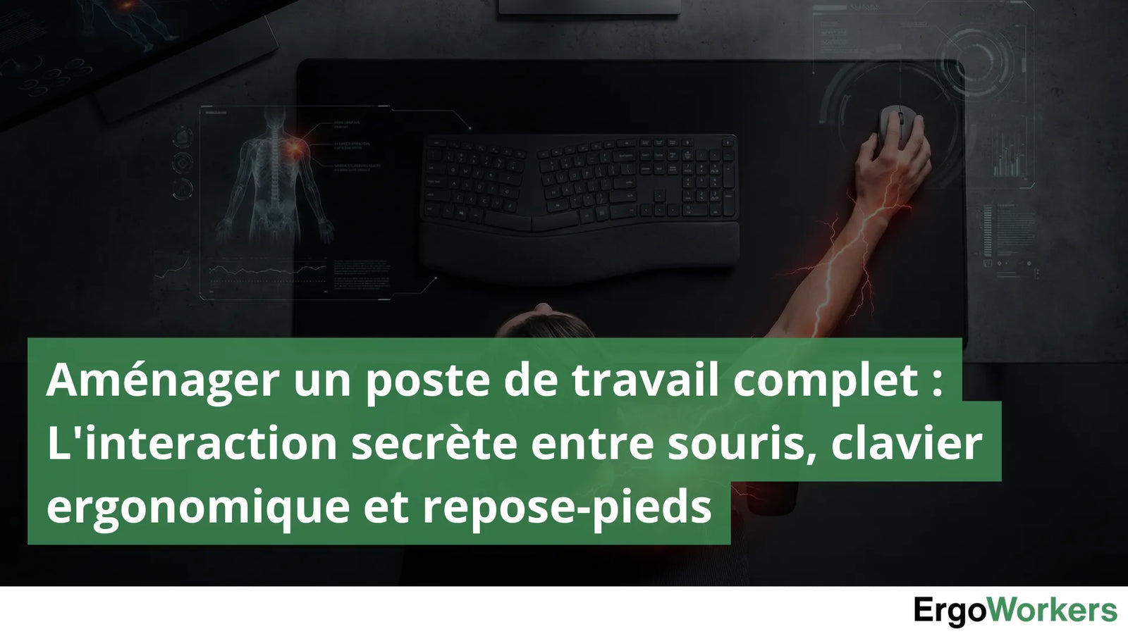 Personne en train de travailler sur un bureau avec un clavier et une souris ergonomique