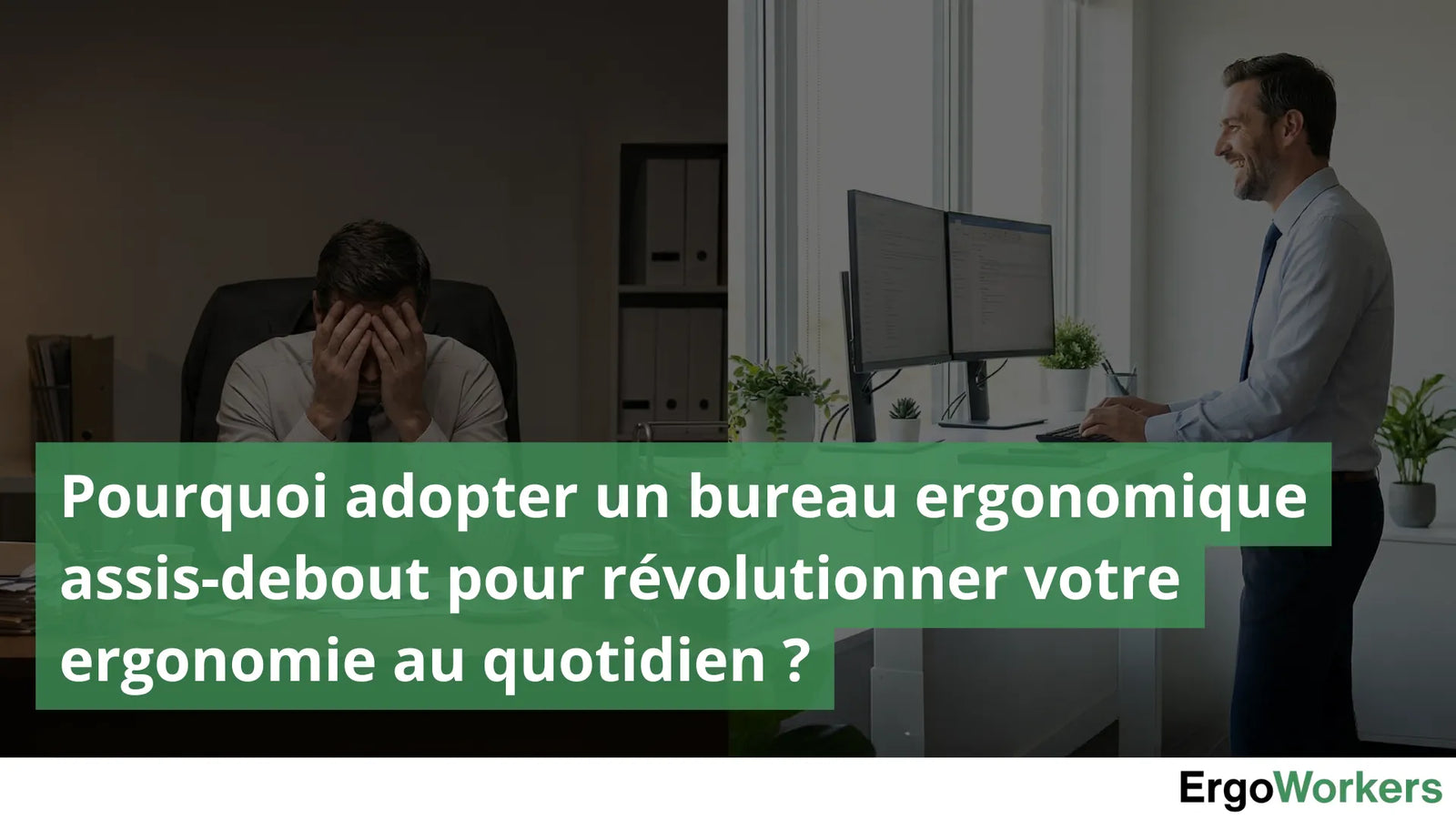 Employé travaillant sur un bureau normal sur la gauche et qui est désespéré et fatigué. Et à droite une personne qui travail sur un bureau ergonomique assis-debout et qui à le sourire